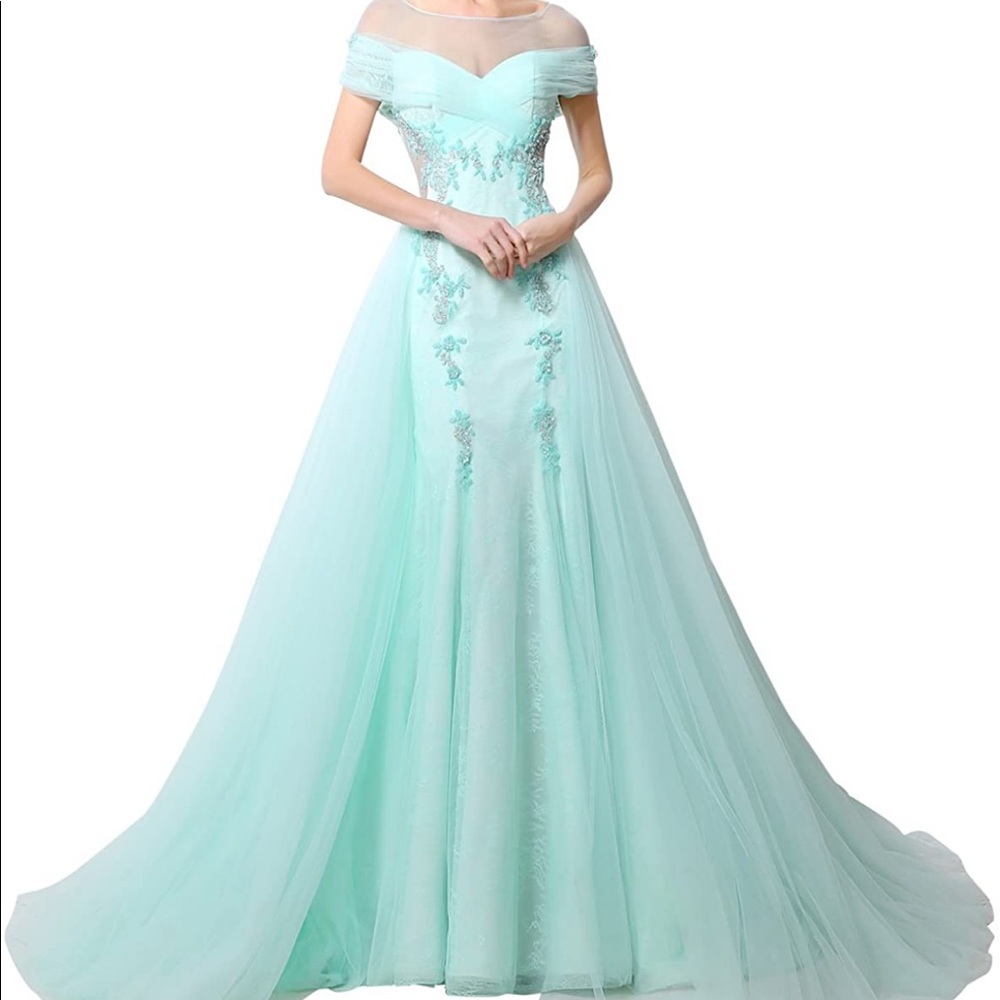 Aqua Blue Beaded Tulle Formal Gown for Prom/Pageant